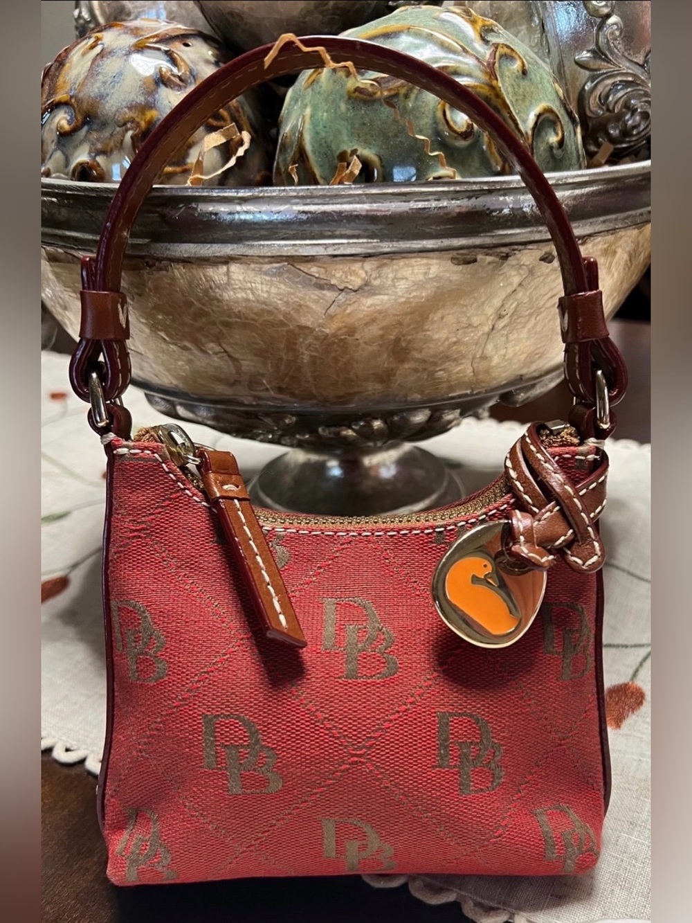 Dooney & Bourke Red Signature Mini Hobo with Brown Trim